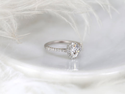 1ct Bridgette 7x5mm 14kt Moissanite Diamond Oval Three Stone Halo Ring - Rosados Box