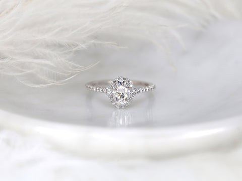 1ct Bridgette 7x5mm 14kt Moissanite Diamond Oval Three Stone Halo Ring - Rosados Box