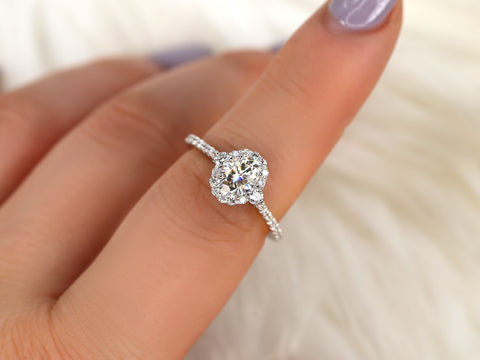 1ct Bridgette 7x5mm 14kt Moissanite Diamond Oval Three Stone Halo Ring - Rosados Box