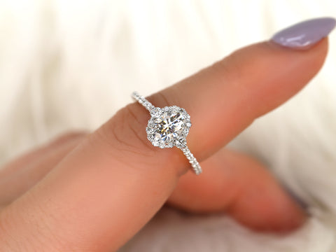 1ct Bridgette 7x5mm 14kt Moissanite Diamond Oval Three Stone Halo Ring - Rosados Box