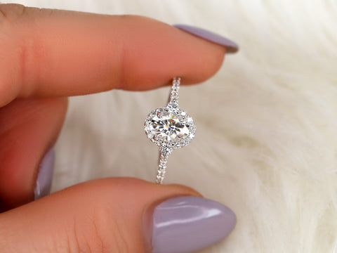 1ct Bridgette 7x5mm 14kt Moissanite Diamond Oval Three Stone Halo Ring - Rosados Box