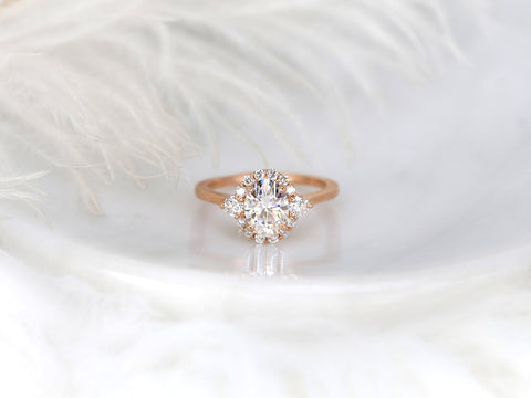 1.50ct Britney 8x6mm 14kt WHITE Gold Moissanite Diamonds Unique Oval Halo Ring - Rosados Box