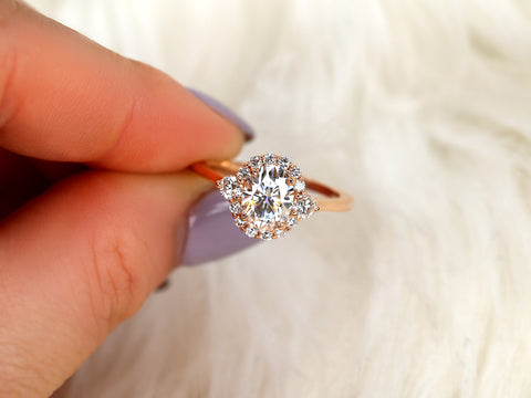 1.50ct Britney 8x6mm 14kt WHITE Gold Moissanite Diamonds Unique Oval Halo Ring - Rosados Box