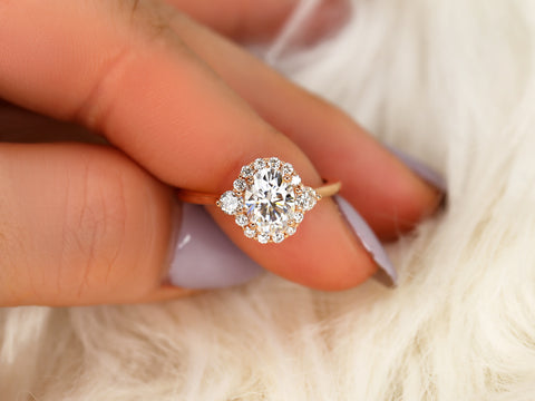 1.50ct Britney 8x6mm 14kt WHITE Gold Moissanite Diamonds Unique Oval Halo Ring - Rosados Box