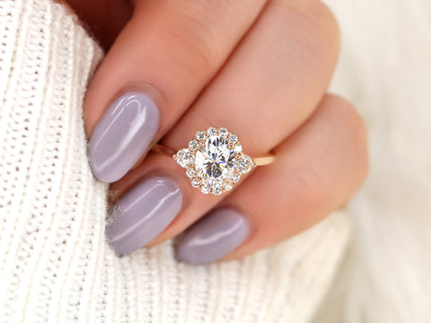 1.50ct Britney 8x6mm 14kt Gold Moissanite Diamond Unique Oval Halo Ring - Rosados Box