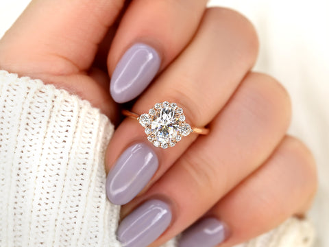 1.50ct Britney 8x6mm 14kt WHITE Gold Moissanite Diamonds Unique Oval Halo Ring - Rosados Box