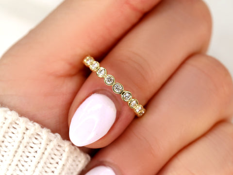 Bubbles 2.8mm 14kt Gold Diamonds Bezel WITHOUT Milgrain ALMOST Eternity Ring - Rosados Box