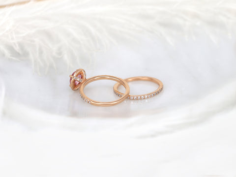 1.31ct Ready to Ship Callie 14kt Rose Gold Padparadscha Sapphire Diamonds Dainty Round Halo Bridal Set - Rosados Box