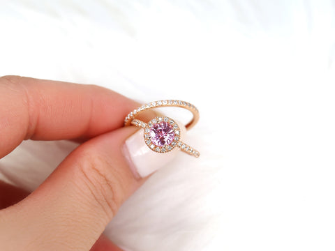 1.31ct Ready to Ship Callie 14kt Rose Gold Padparadscha Sapphire Diamonds Dainty Round Halo Bridal Set - Rosados Box