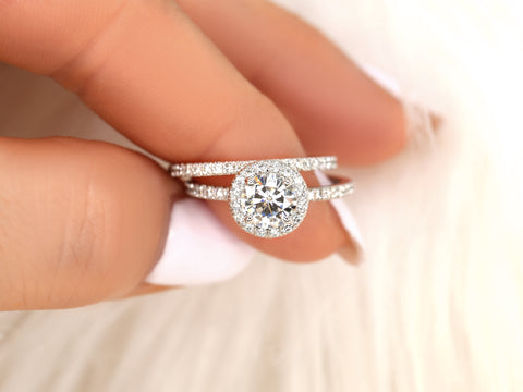 1ct Callie 6.5mm 14kt Moissanite Diamonds Round Halo Bridal Set - Rosados Box