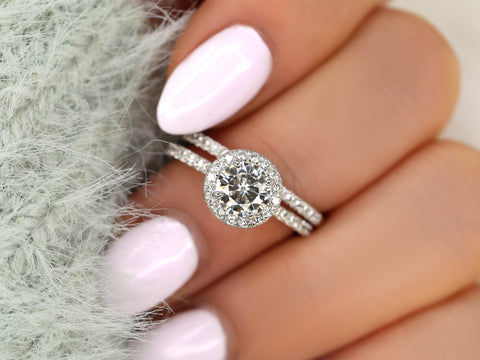 1ct Callie 6.5mm 14kt Moissanite Diamonds Round Halo Bridal Set - Rosados Box