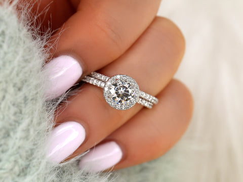 1ct Callie 6.5mm 14kt Moissanite Diamonds Round Halo Bridal Set - Rosados Box