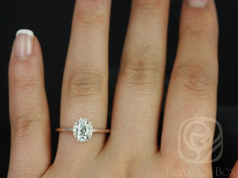 1ct Celeste 7x5mm 14kt Gold Moissanite Diamond Dainty Oval Halo Ring - Rosados Box