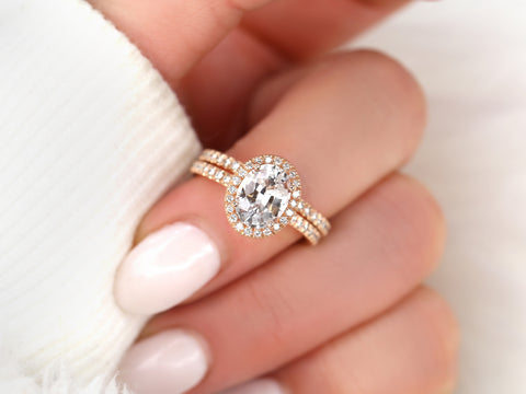 2.03ct Ready to Ship Chantelle 14kt Rose Gold Peach Sapphire Diamond Oval Halo Bridal Set - Rosados Box