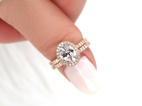 2.03ct Ready to Ship Chantelle 14kt Rose Gold Peach Sapphire Diamond Oval Halo Bridal Set - Rosados Box