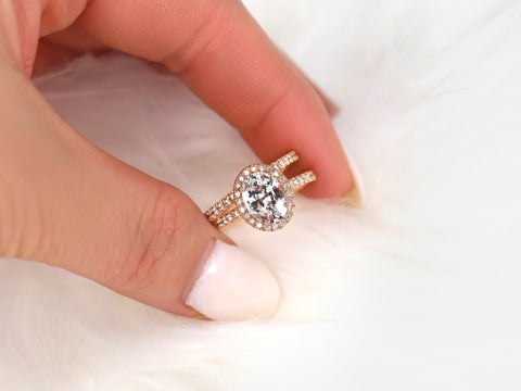 2.03ct Ready to Ship Chantelle 14kt Rose Gold Peach Sapphire Diamond Oval Halo Bridal Set - Rosados Box