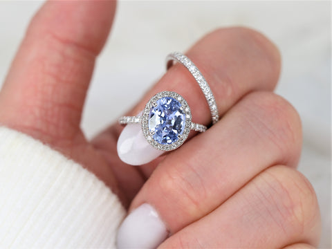 3.33ct Ready to Ship Chantelle 14kt White Gold Lilac Purple Sapphire Diamond Oval Halo Bridal Set - Rosados Box