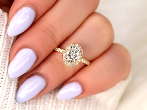 SALE 1.50ct Ready to Ship Chantelle 8x6mm 14kt Gold FB Moissanite Diamond Oval Halo Ring - Rosados Box