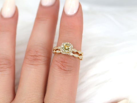 1.05cts Ready to Ship Christie 14kt Gold Lemon Sapphire Diamonds Art Deco Halo Bridal Set