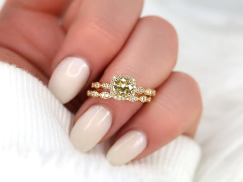 1.05cts Ready to Ship Christie 14kt Gold Lemon Sapphire Diamonds Art Deco Halo Bridal Set - Rosados Box