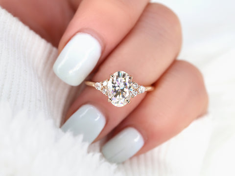 2.50ct Cinderella 10x7mm 14kt Gold Moissanite Diamond Elongated Oval Cluster Ring - Rosados Box