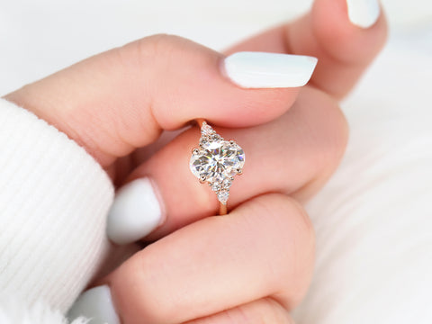 2.50ct Cinderella 10x7mm 14kt Gold Moissanite Diamond Elongated Oval Cluster Ring - Rosados Box