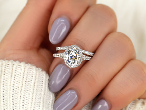 2ct Clarise 9x7mm 14kt Gold Moissanite Diamond Mermaid Split Shank Oval Bridal Set - Rosados Box