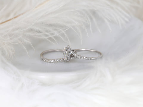 2ct Clarise 9x7mm 14kt Gold Moissanite Diamond Mermaid Split Shank Oval Bridal Set - Rosados Box