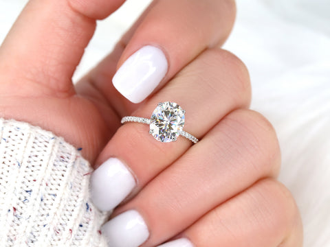 3ct Darcy 10x8mm 14kt Gold Moissanite Diamond Ultra Dainty Pave Oval Solitaire Ring - Rosados Box