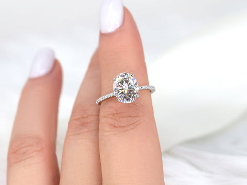 3ct Darcy 10x8mm 14kt Gold Moissanite Diamond Ultra Dainty Pave Oval Solitaire Ring - Rosados Box