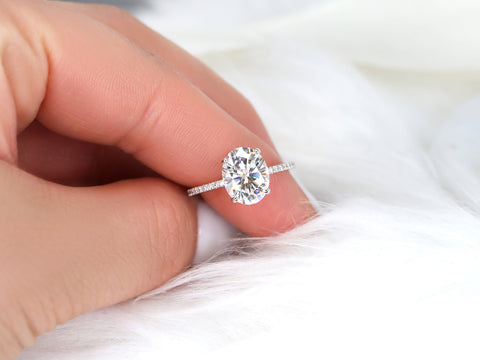 3ct Darcy 10x8mm 14kt Gold Moissanite Diamond Ultra Dainty Pave Oval Solitaire Ring - Rosados Box