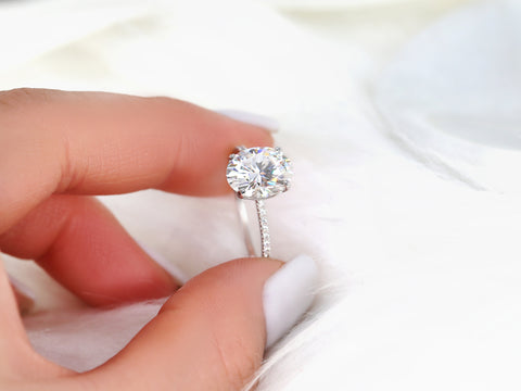 3ct Darcy 10x8mm 14kt Gold Moissanite Diamond Ultra Dainty Pave Oval Solitaire Ring - Rosados Box