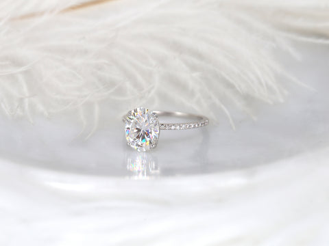 3ct Darcy 10x8mm 14kt Gold Moissanite Diamond Ultra Dainty Pave Oval Solitaire Ring - Rosados Box