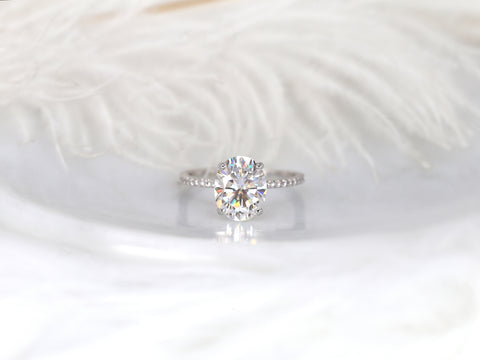 3ct Darcy 10x8mm 14kt Gold Moissanite Diamond Ultra Dainty Pave Oval Solitaire Ring - Rosados Box