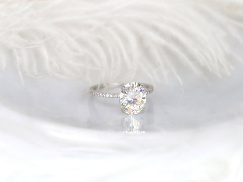 3ct Darcy 10x8mm 14kt Gold Moissanite Diamond Ultra Dainty Pave Oval Solitaire Ring - Rosados Box