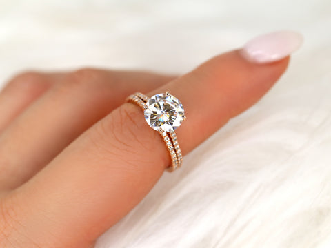 2.70ct Eloise 9mm 14kt Moissanite Diamonds Round Solitaire Accent Bridal Set - Rosados Box