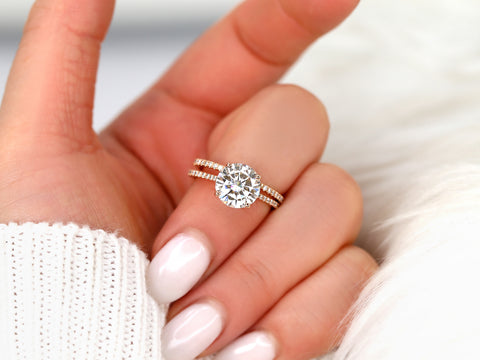 2.70ct Eloise 9mm 14kt Moissanite Diamonds Round Solitaire Accent Bridal Set - Rosados Box