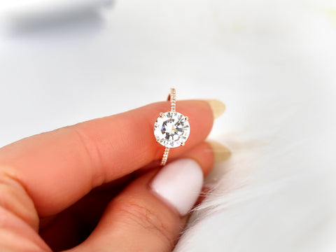 2.70ct Eloise 9mm 14kt Gold Moissanite Diamond Round Solitaire Accent Ring - Rosados Box