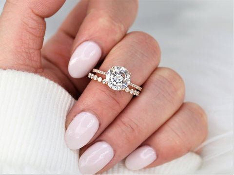Ready to Ship 2.70ct Eloise 9mm & Petite Naomi 14kt Rose Gold Moissanite Diamond Round Solitaire Bridal Set - Rosados Box