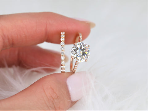 Ready to Ship 2.70ct Eloise 9mm & Petite Naomi 14kt Rose Gold Moissanite Diamond Round Solitaire Bridal Set - Rosados Box