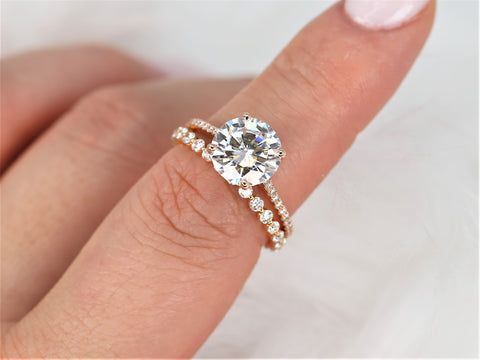Ready to Ship 2.70ct Eloise 9mm & Petite Naomi 14kt Rose Gold Moissanite Diamond Round Solitaire Bridal Set - Rosados Box