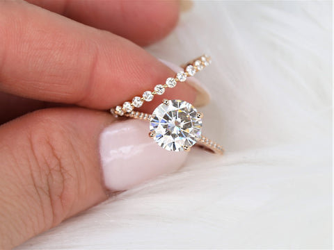 Ready to Ship 2.70ct Eloise 9mm & Petite Naomi 14kt Rose Gold Moissanite Diamond Round Solitaire Bridal Set - Rosados Box