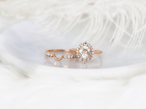 2cts Ready to Ship Eluma 14kt Rose Gold Peach Champagne Sapphire Diamond Shield Graduated Halo Bridal Set - Rosados Box