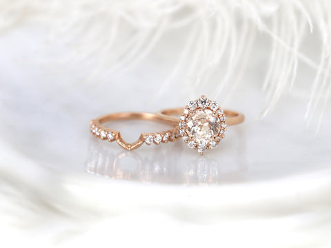 2cts Ready to Ship Eluma 14kt Rose Gold Peach Champagne Sapphire Diamond Shield Graduated Halo Bridal Set - Rosados Box