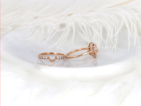 2cts Ready to Ship Eluma 14kt Rose Gold Peach Champagne Sapphire Diamond Shield Graduated Halo Bridal Set - Rosados Box