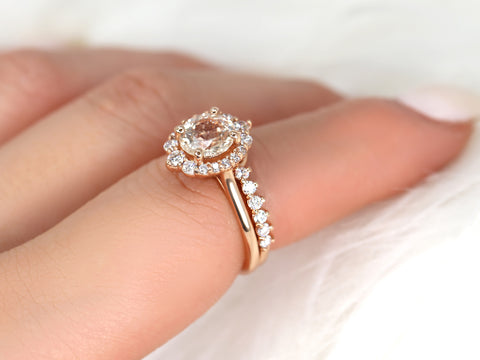 2cts Ready to Ship Eluma 14kt Rose Gold Peach Champagne Sapphire Diamond Shield Graduated Halo Bridal Set - Rosados Box