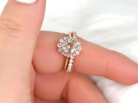 2cts Ready to Ship Eluma 14kt Rose Gold Peach Champagne Sapphire Diamond Shield Graduated Halo Bridal Set - Rosados Box