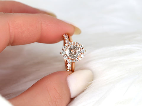 2cts Ready to Ship Eluma 14kt Rose Gold Peach Champagne Sapphire Diamond Shield Graduated Halo Bridal Set - Rosados Box