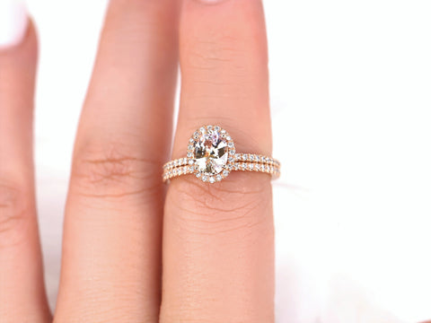 1.31ct Ready to Ship Federella 14kt Rose Gold Peach Champagne Sapphire Diamonds Oval Halo Bridal Set - Rosados Box
