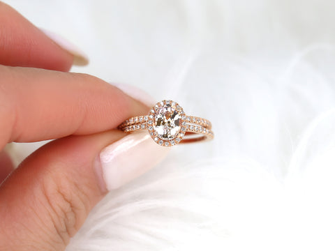 1.31ct Ready to Ship Federella 14kt Rose Gold Peach Champagne Sapphire Diamonds Oval Halo Bridal Set - Rosados Box